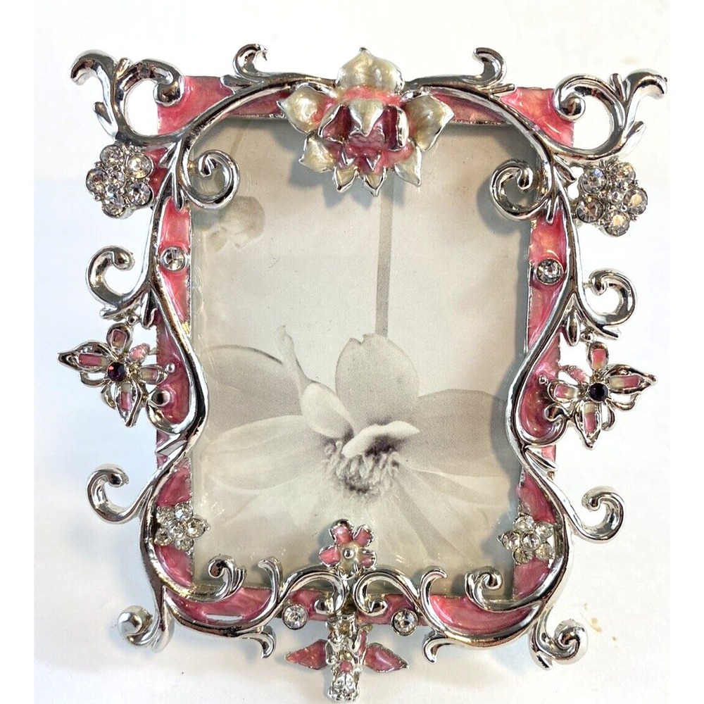 Vintage Frame Mini Portrait Floral Pink Metal Signed Faux Pink Red Diamonds